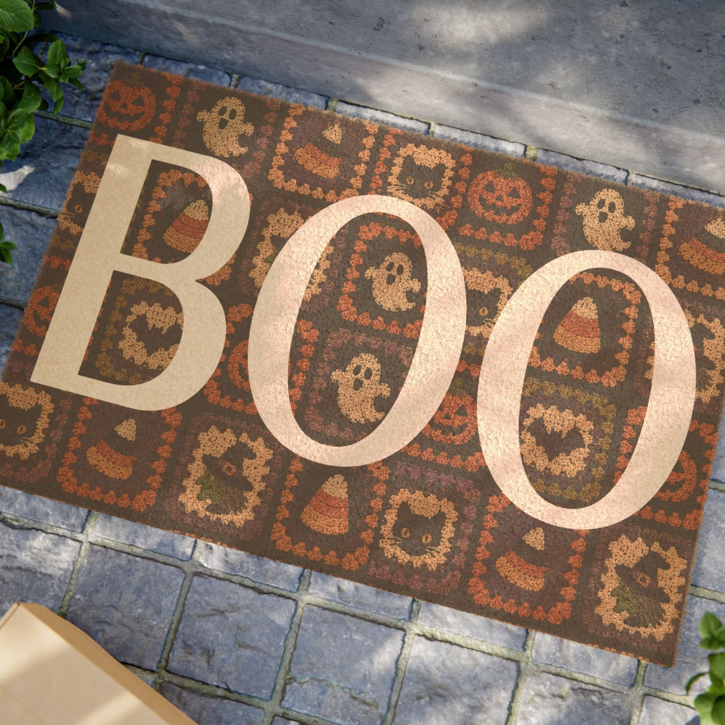 Halloween Patchwork Doormat — Spooky Ghosts, Pumpkins & Candy Corn Entrance Rug