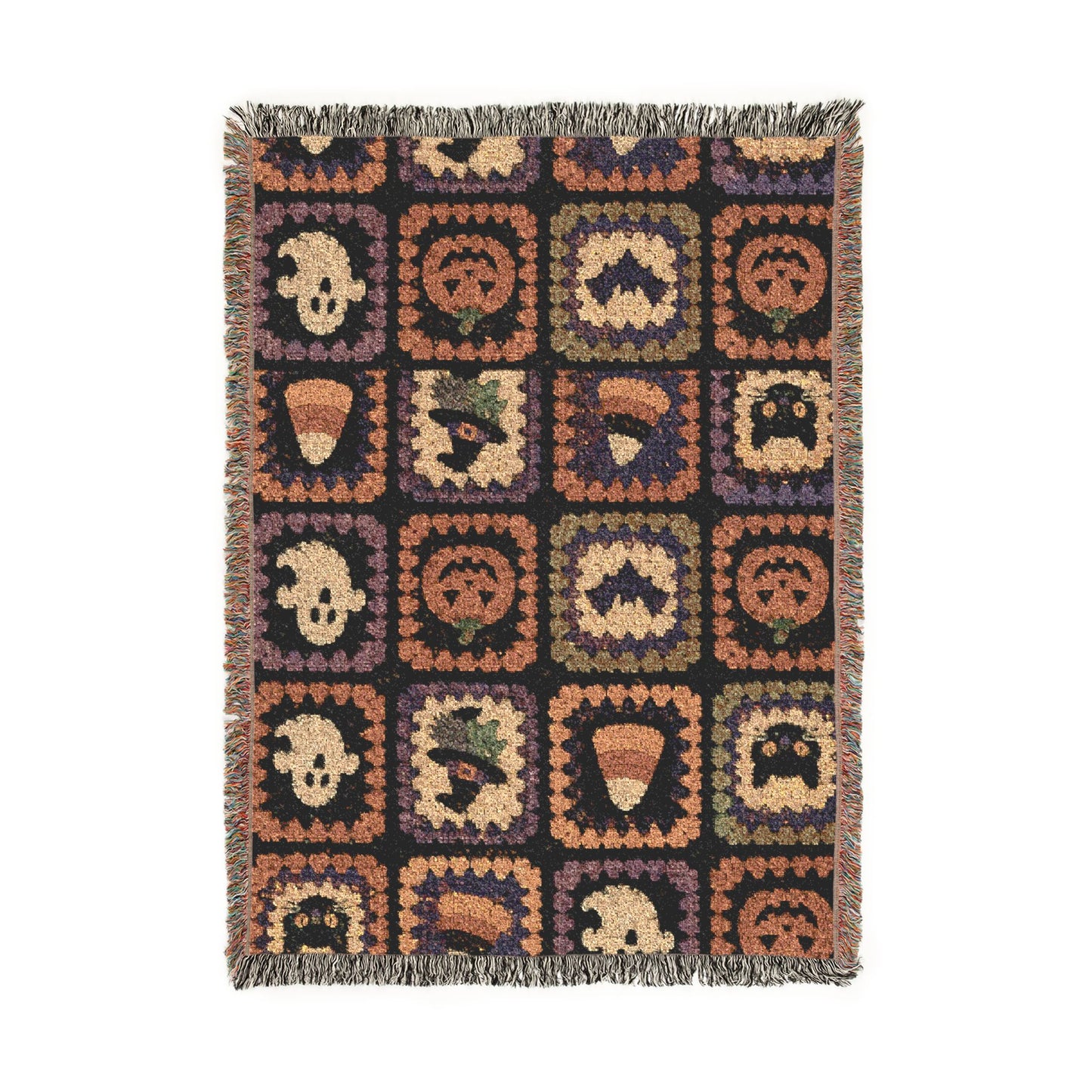 Retro Mosaic Woven Blanket — Cozy Halloween Patchwork Throw