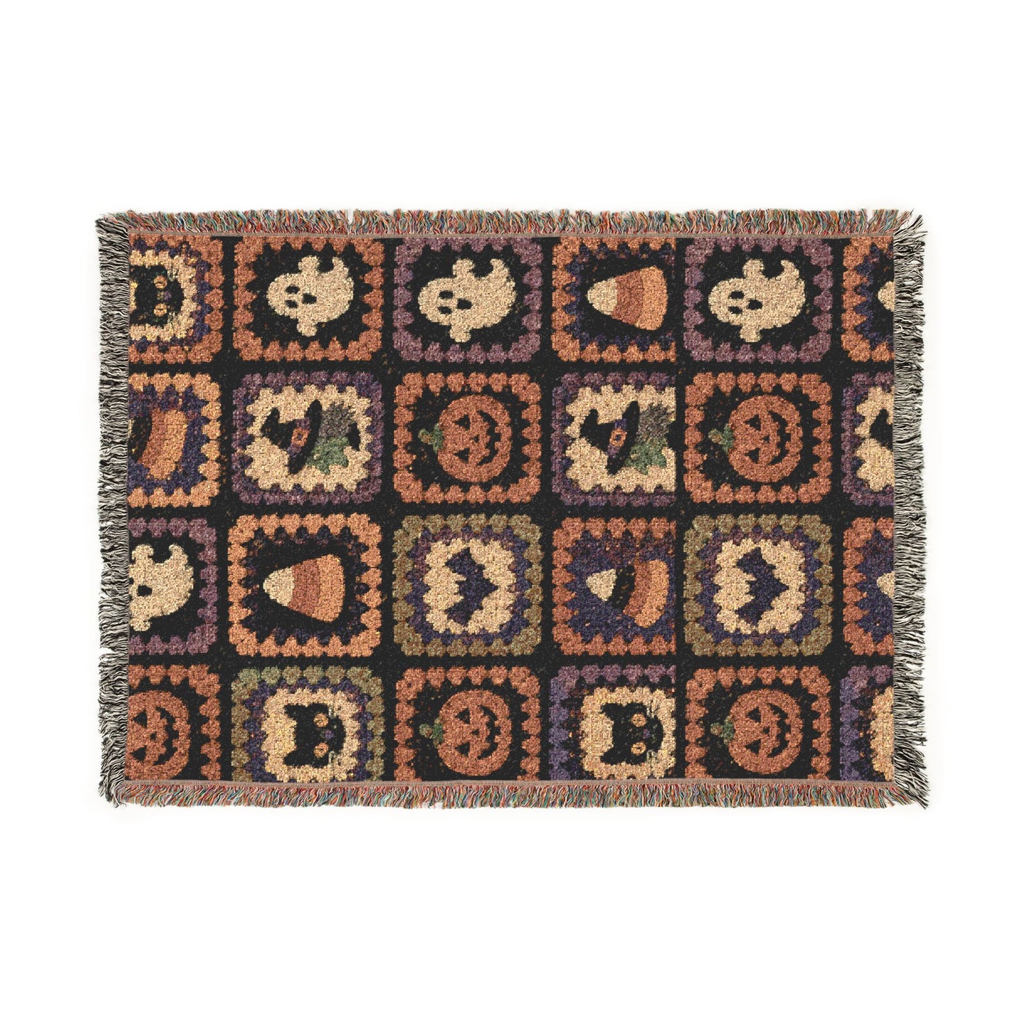 Retro Mosaic Woven Blanket — Cozy Halloween Patchwork Throw