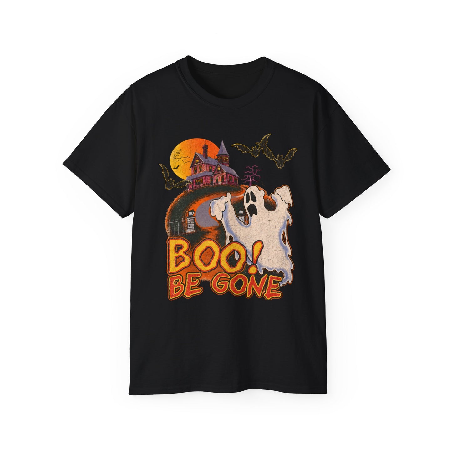 Halloween Tee - 'Boo! Be Gone' Ghost Haunted House Graphic Shirt
