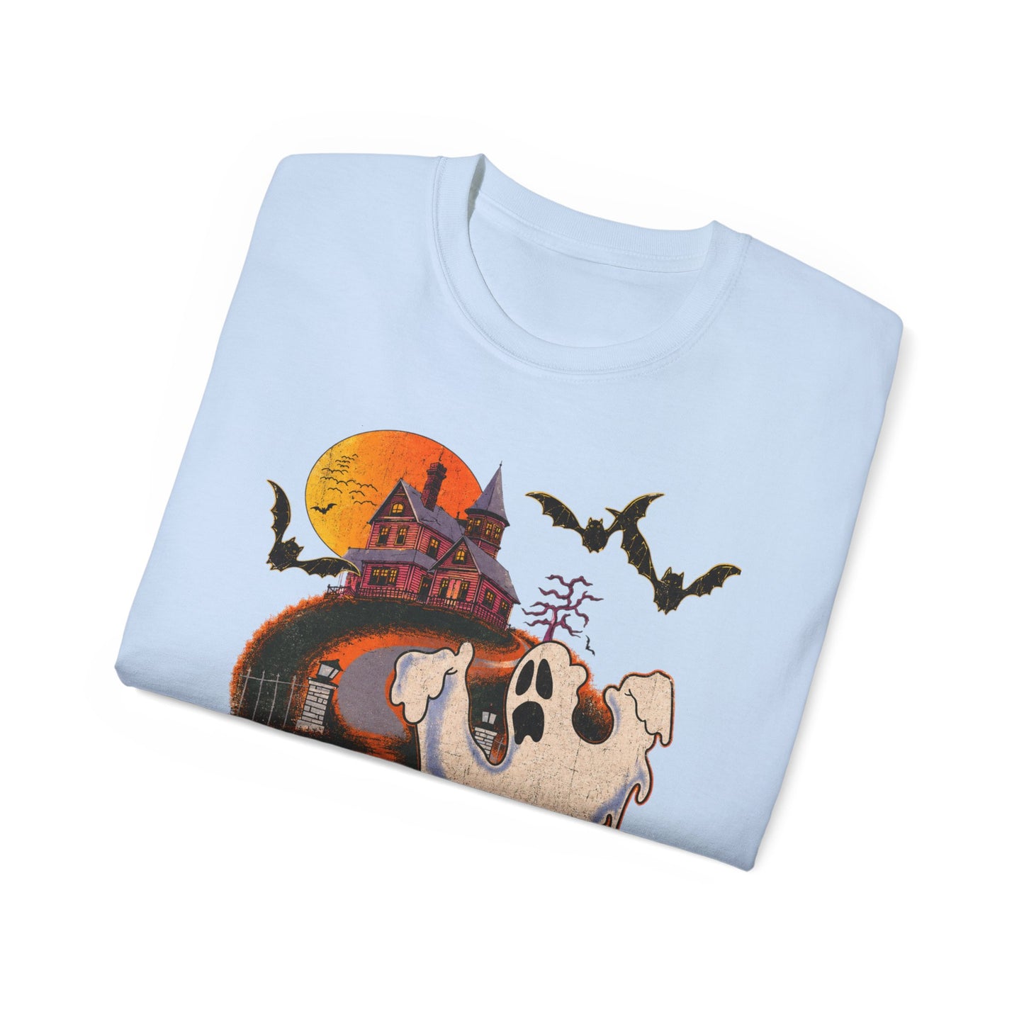 Halloween Tee - 'Boo! Be Gone' Ghost Haunted House Graphic Shirt