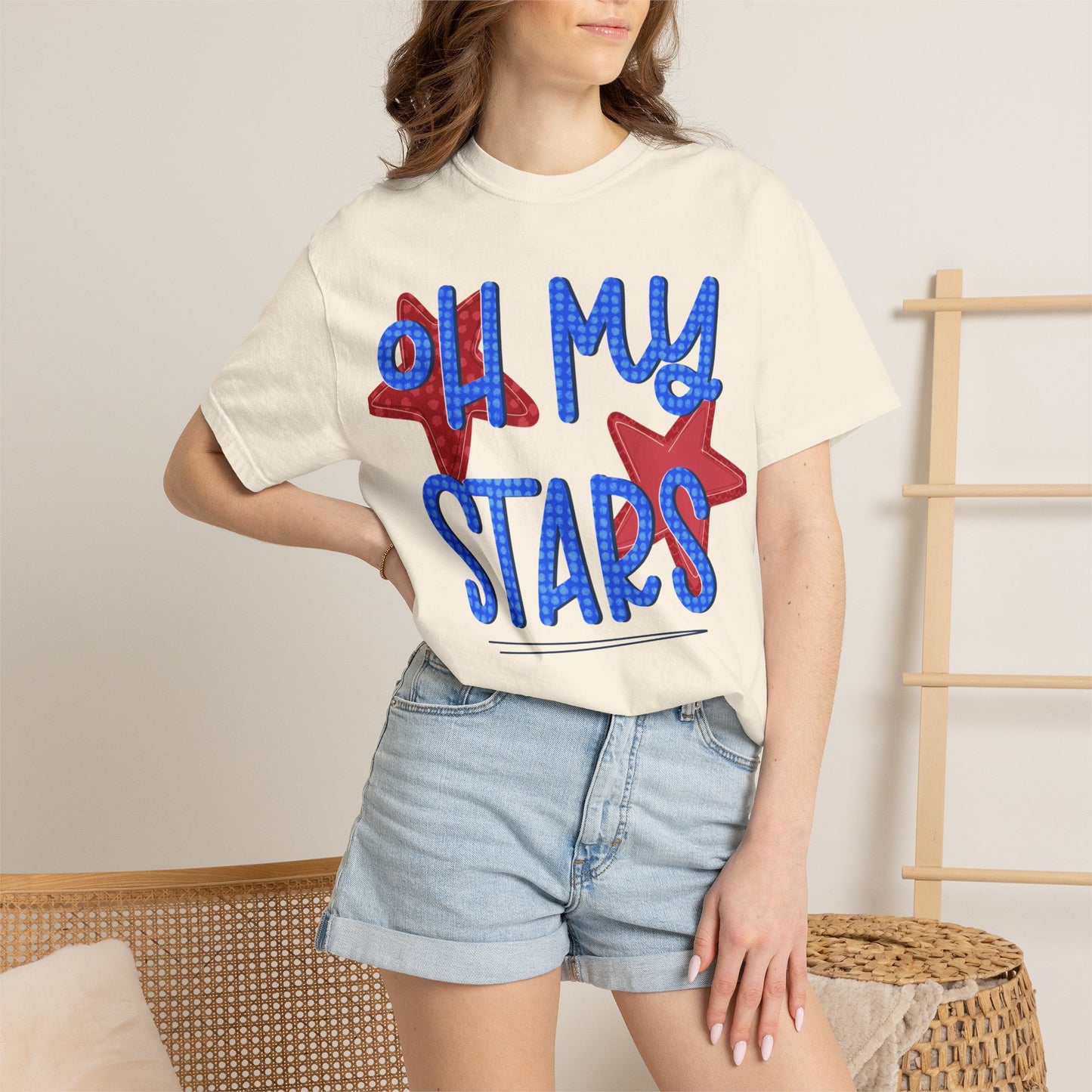 Oh My Stars T-Shirt — Patriotic Red & Blue Graphic Tee