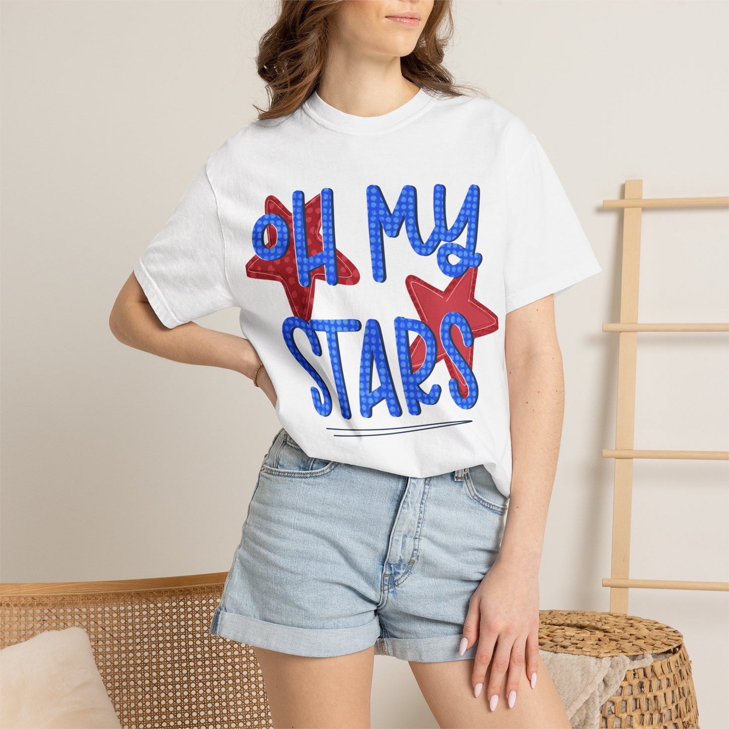 Oh My Stars T-Shirt — Patriotic Red & Blue Graphic Tee
