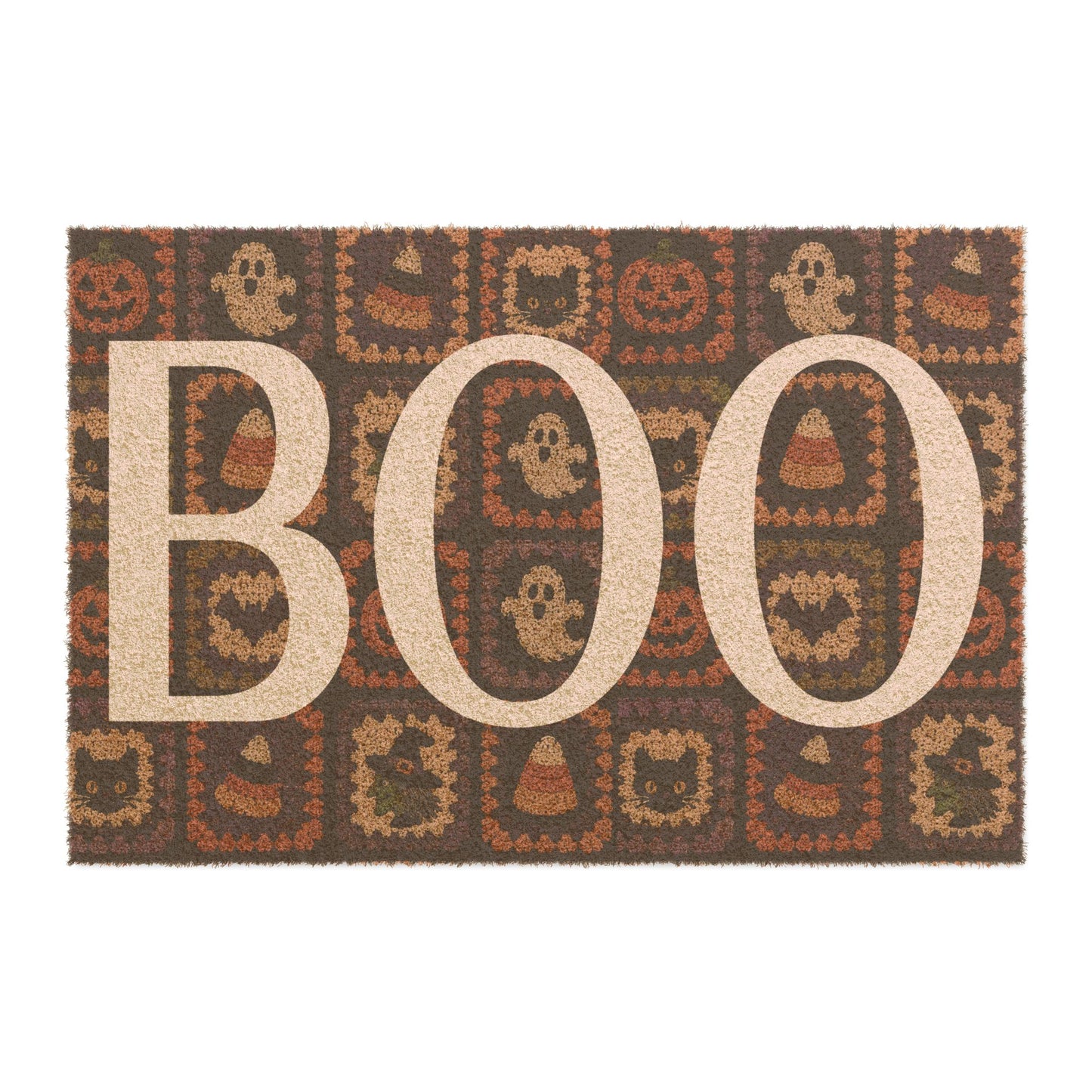 Halloween Patchwork Doormat — Spooky Ghosts, Pumpkins & Candy Corn Entrance Rug