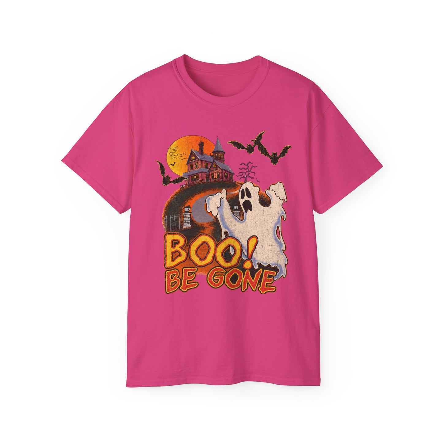 Halloween Tee - 'Boo! Be Gone' Ghost Haunted House Graphic Shirt