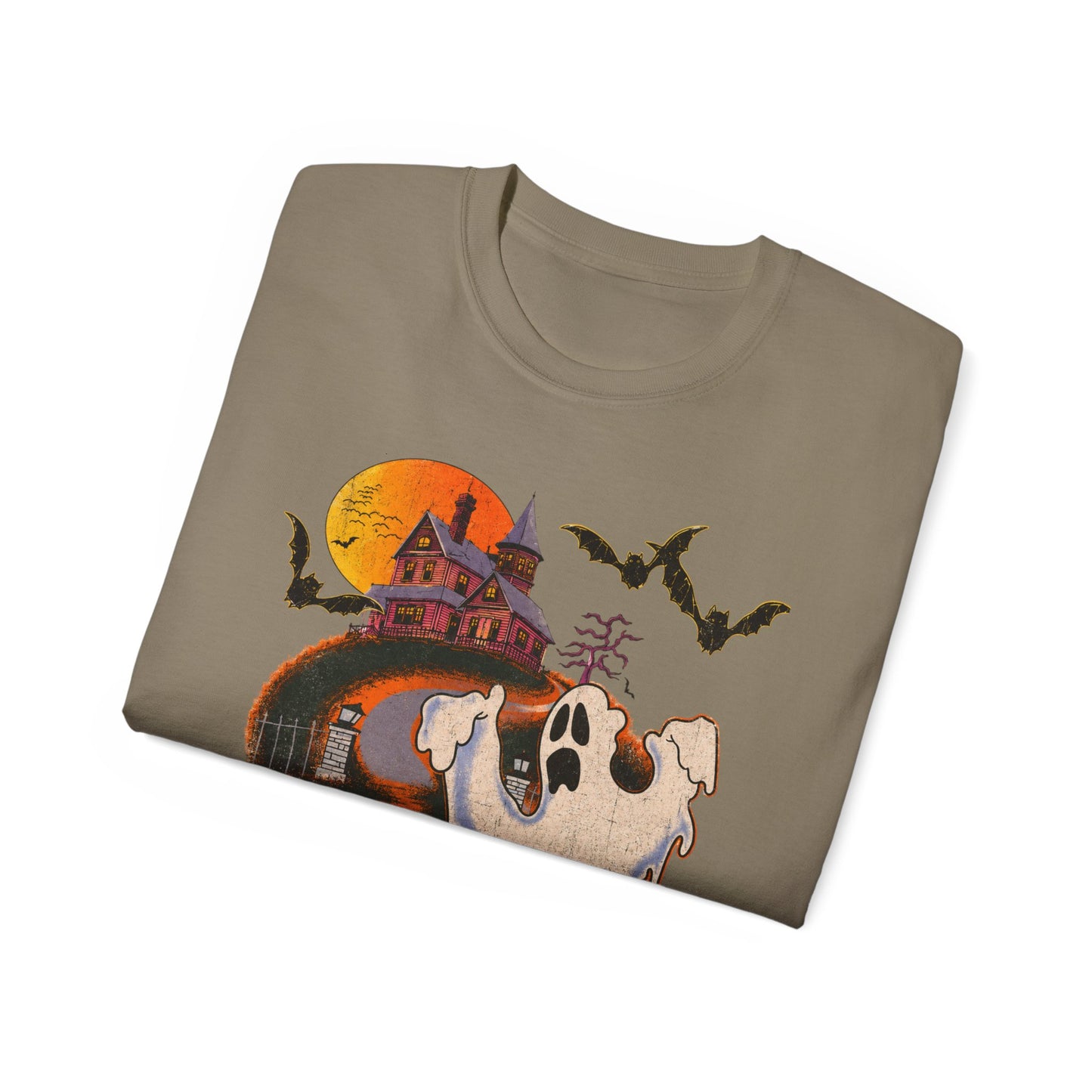 Halloween Tee - 'Boo! Be Gone' Ghost Haunted House Graphic Shirt