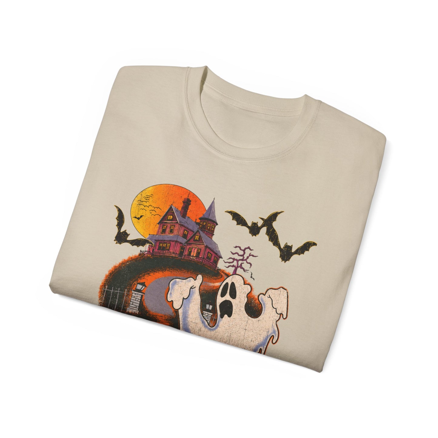 Halloween Tee - 'Boo! Be Gone' Ghost Haunted House Graphic Shirt