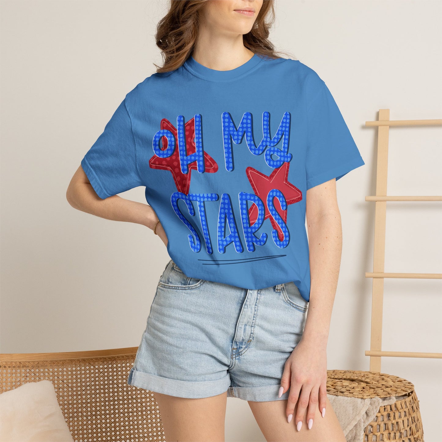 Oh My Stars T-Shirt — Patriotic Red & Blue Graphic Tee
