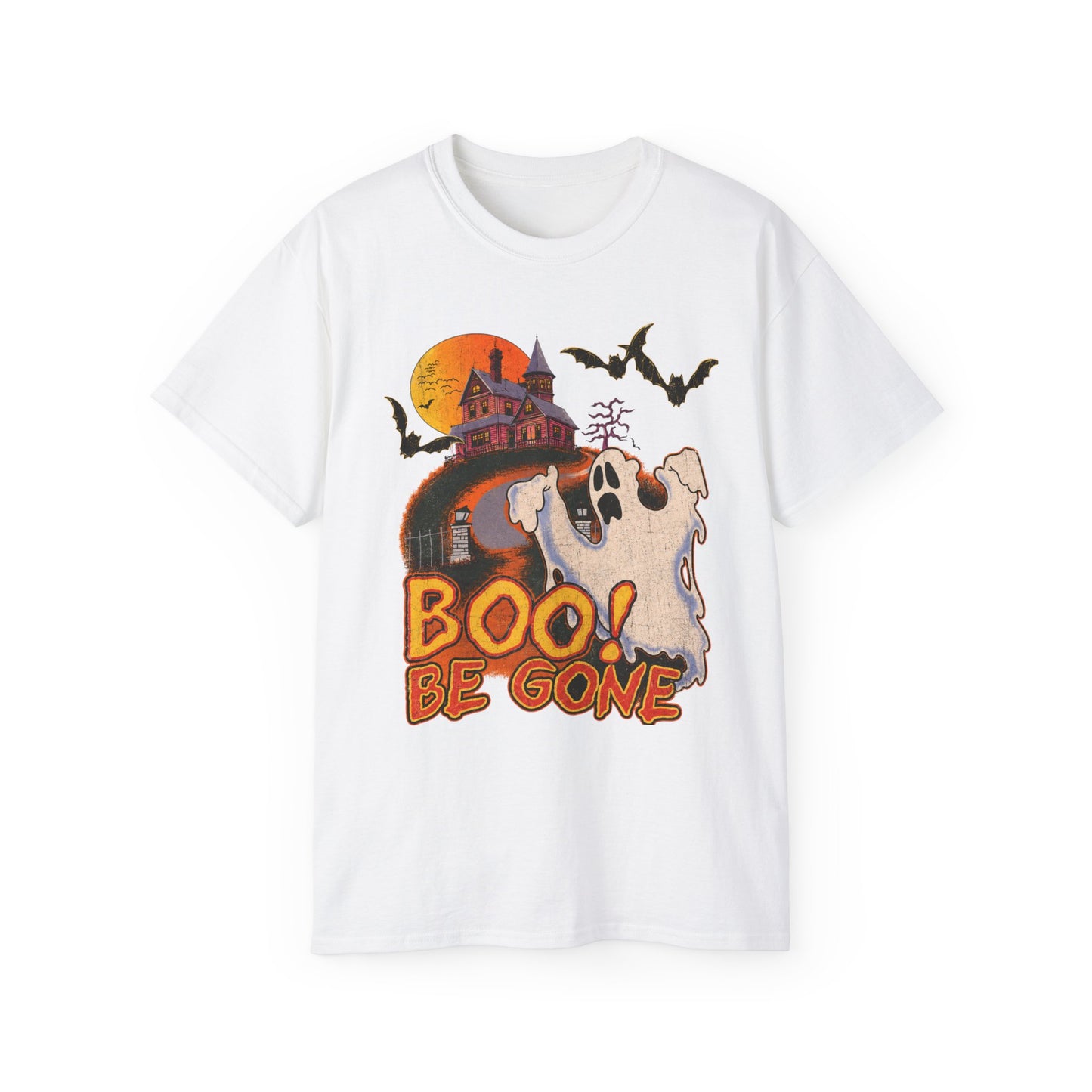 Halloween Tee - 'Boo! Be Gone' Ghost Haunted House Graphic Shirt