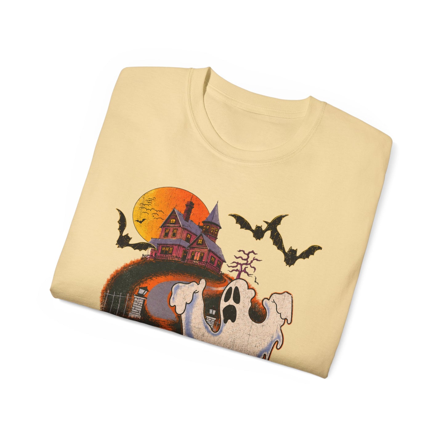 Halloween Tee - 'Boo! Be Gone' Ghost Haunted House Graphic Shirt