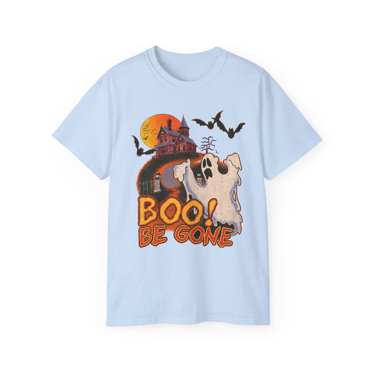 Halloween Tee - 'Boo! Be Gone' Ghost Haunted House Graphic Shirt