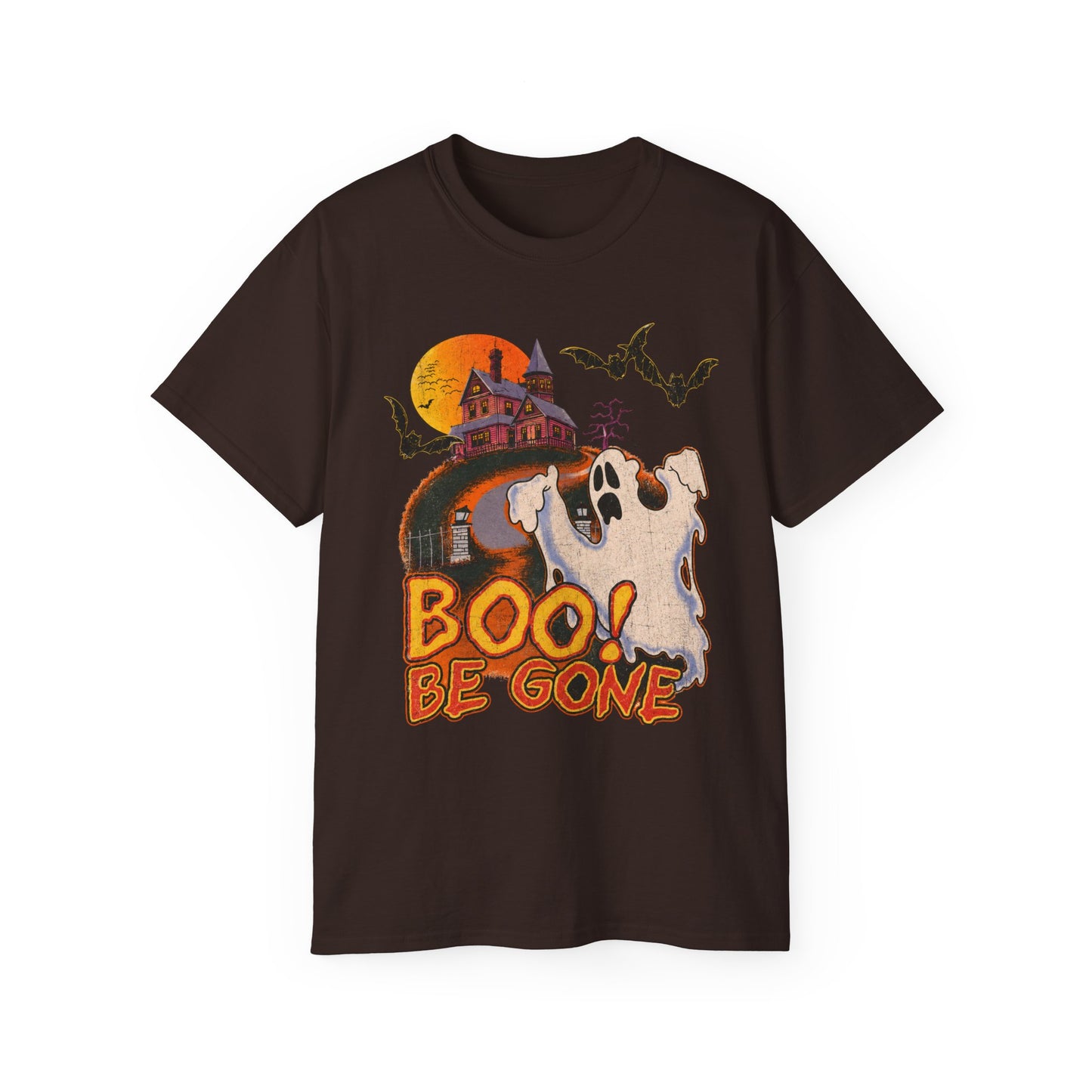 Halloween Tee - 'Boo! Be Gone' Ghost Haunted House Graphic Shirt
