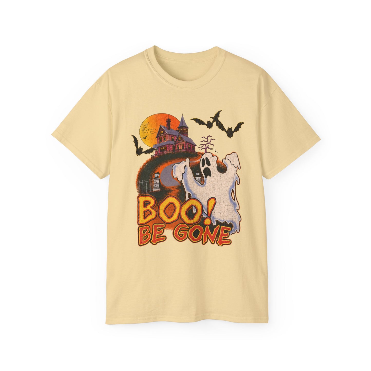 Halloween Tee - 'Boo! Be Gone' Ghost Haunted House Graphic Shirt