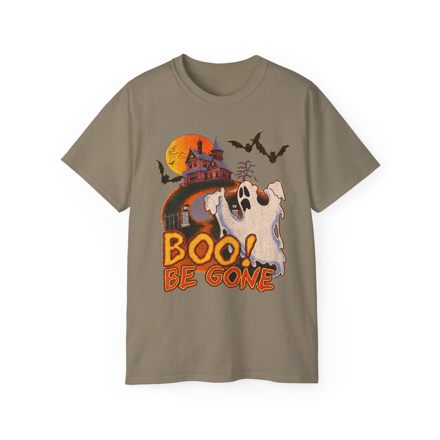 Halloween Tee - 'Boo! Be Gone' Ghost Haunted House Graphic Shirt
