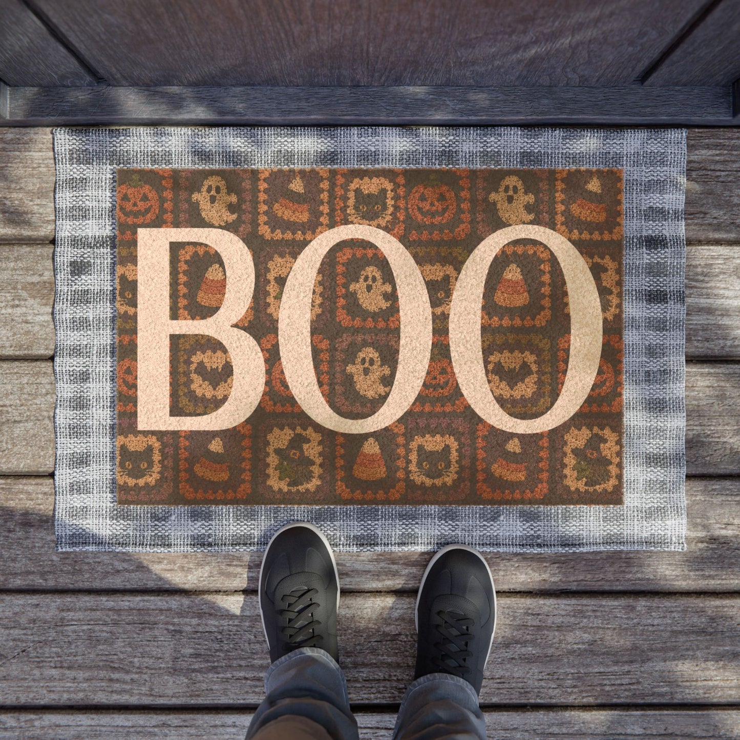 Halloween Patchwork Doormat — Spooky Ghosts, Pumpkins & Candy Corn Entrance Rug