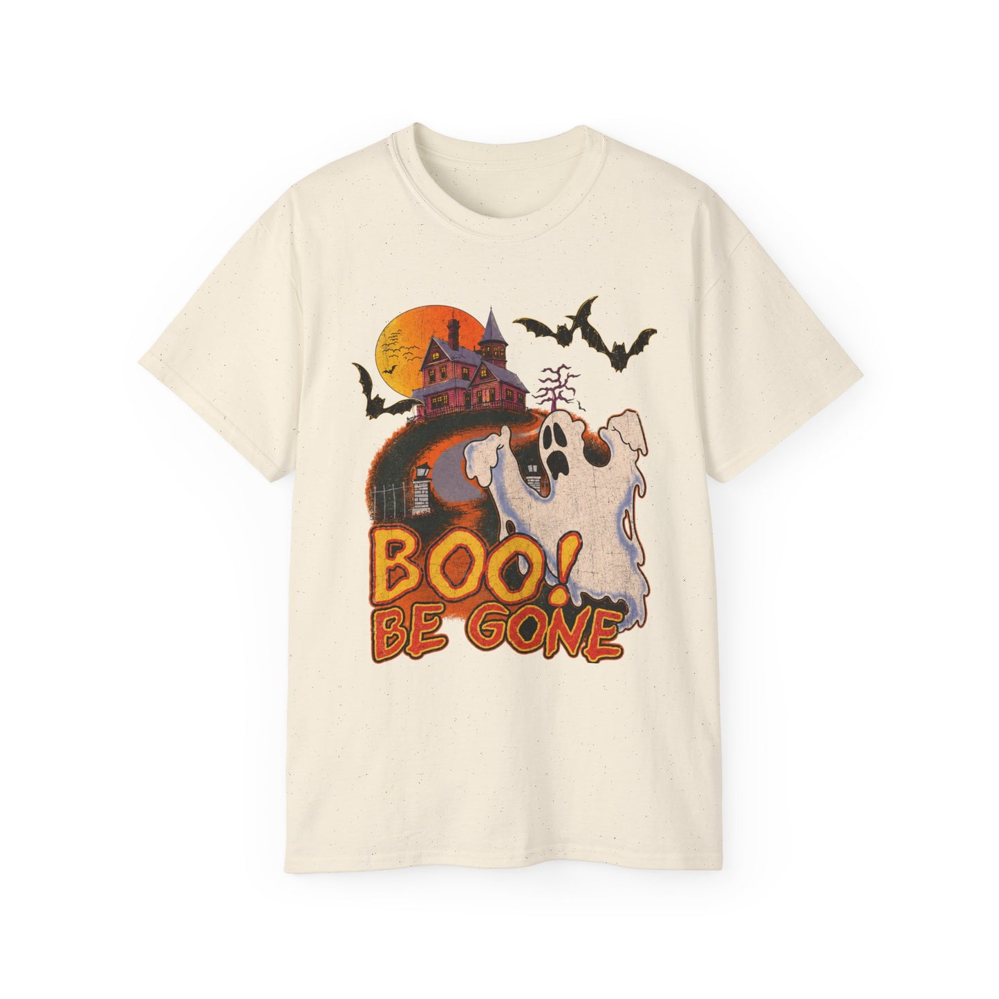 Halloween Tee - 'Boo! Be Gone' Ghost Haunted House Graphic Shirt