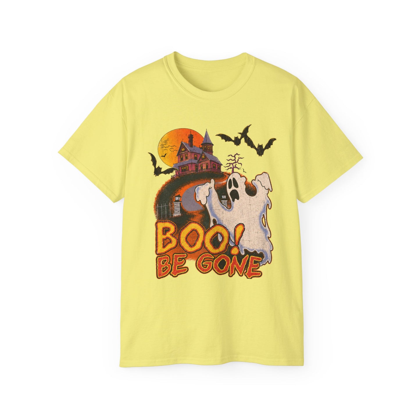 Halloween Tee - 'Boo! Be Gone' Ghost Haunted House Graphic Shirt