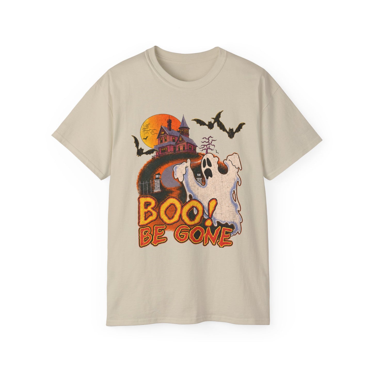 Halloween Tee - 'Boo! Be Gone' Ghost Haunted House Graphic Shirt