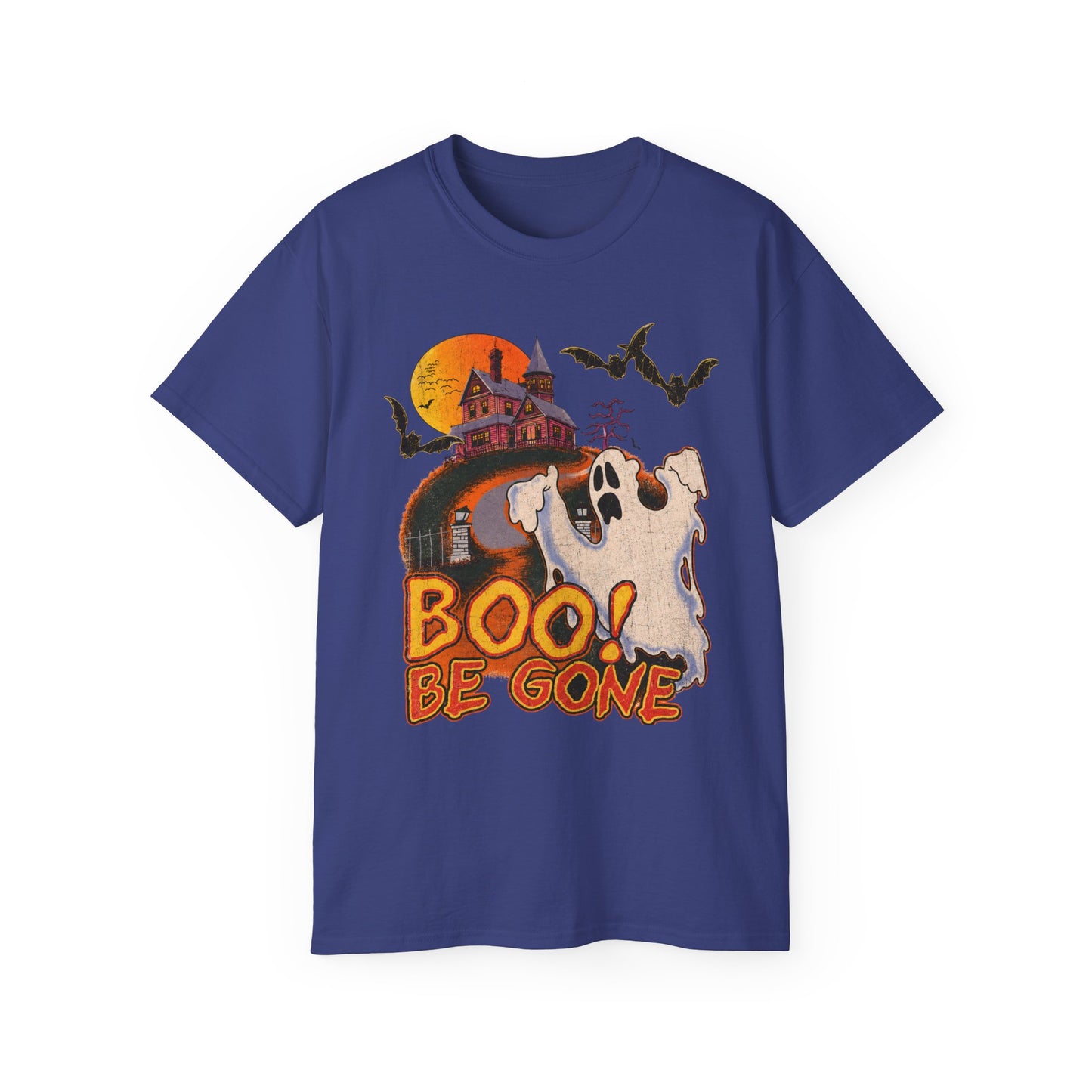 Halloween Tee - 'Boo! Be Gone' Ghost Haunted House Graphic Shirt