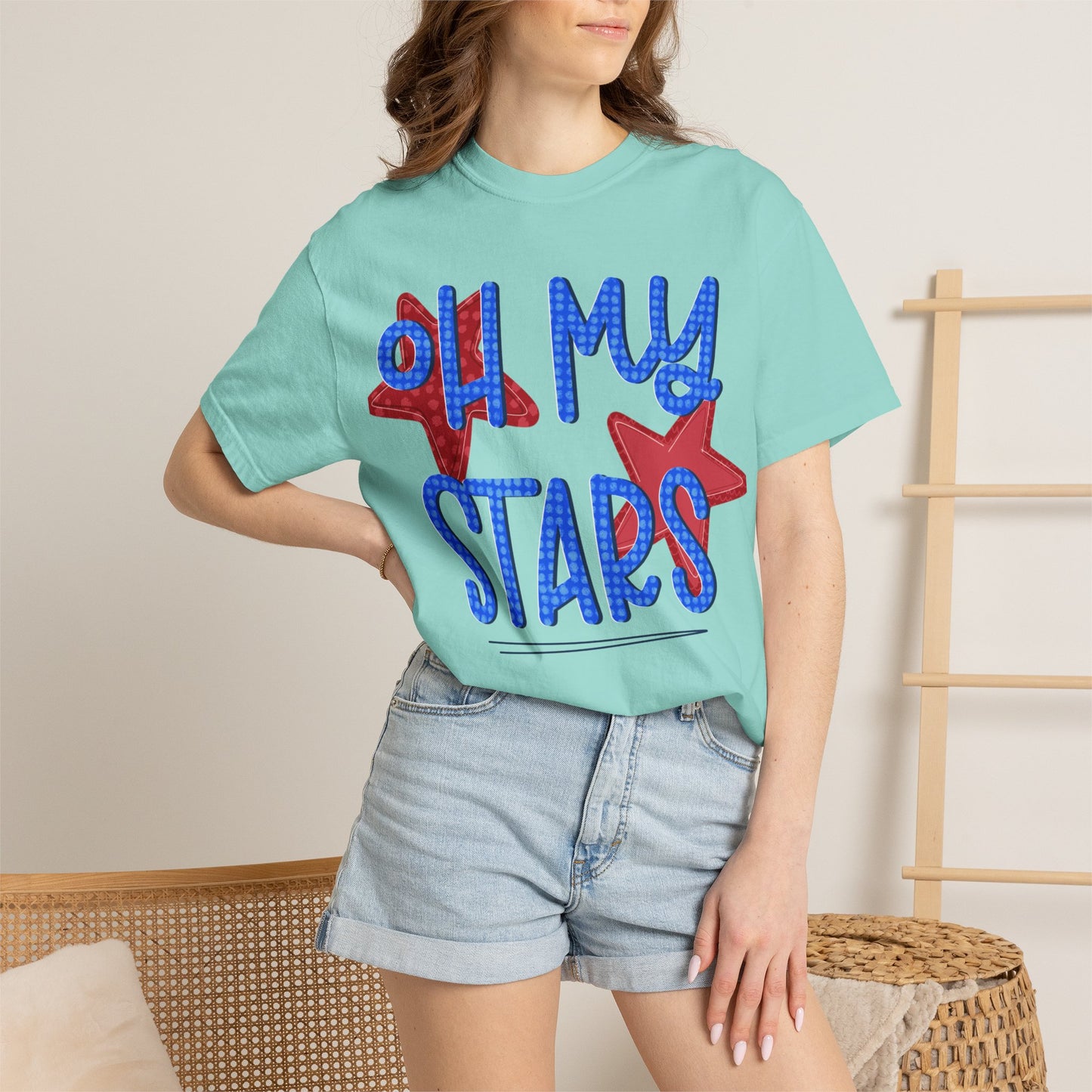 Oh My Stars T-Shirt — Patriotic Red & Blue Graphic Tee