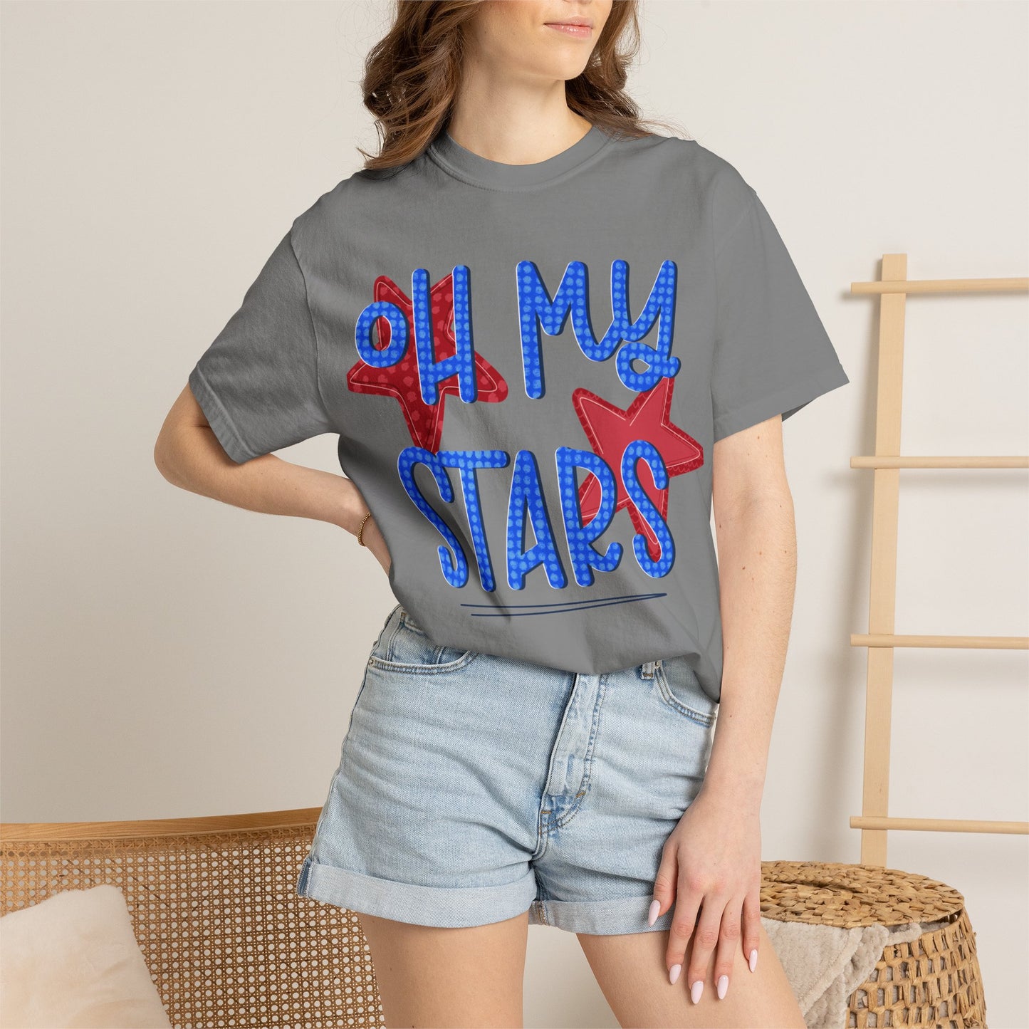 Oh My Stars T-Shirt — Patriotic Red & Blue Graphic Tee